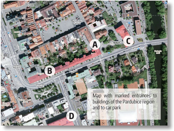 map with marked entrances to buildings of the pardubice region and to car park